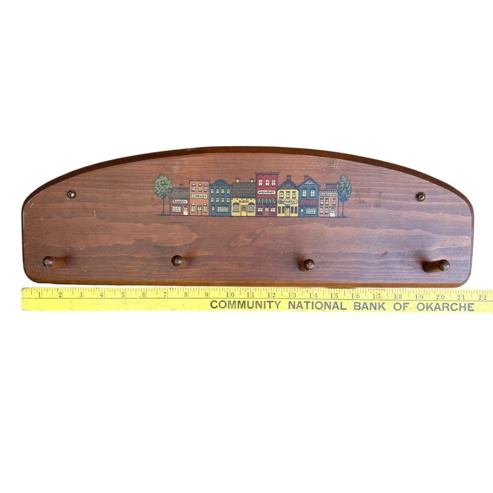 VTG Wood Coat Rack Village Scene‎ Wall Mount Arched Cottage Americana Folk Art